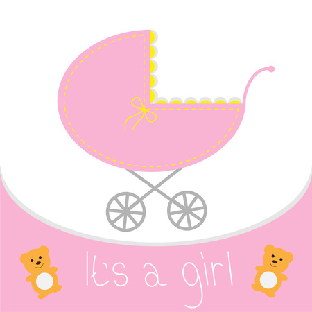 Baby girl shower card. Baby carriage. It's a girlのイラスト素材
