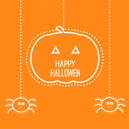 Happy Halloween card with hanging pumpkin and two spiders.のイラスト素材