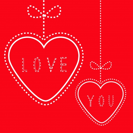 Two hanging red hearts with bows. Love card. Illustrationのイラスト素材
