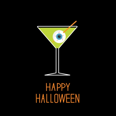 Martini glass with green cocktail and eyeball Halloween card illustrationのイラスト素材