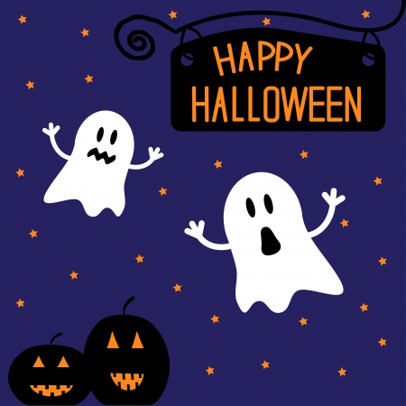 Two funny Halloween ghosts and pumpkins. Starry night. Card.  Vector illustrationのイラスト素材