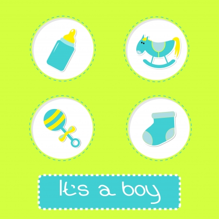 Baby boy shower card with bottle, horse, rattle and sock.  It's a boy. Vector illustration. のイラスト素材