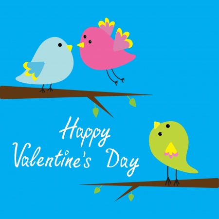 Three cartoon birds. Happy Valentines Day card.  Vector illustration.のイラスト素材