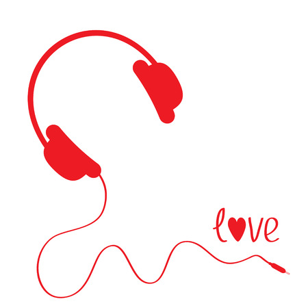 Red headphones with cord . White background.  Love card. Vector illustration.のイラスト素材