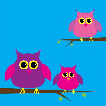 Three cute owls and cloud. Card. Vector illustration.のイラスト素材