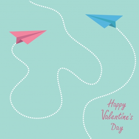 Pink and blue origami paper planes. Dash heart in the sky. Happy Valentines Day card.  Vector illustration.のイラスト素材