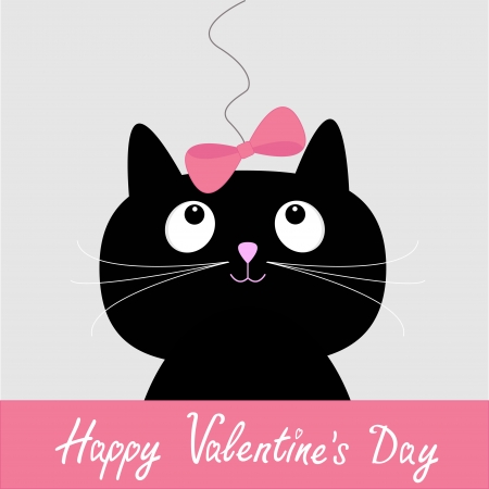 Cute cartoon black cat with pink bow. Happy Valentines Day card. Vector illustration. のイラスト素材