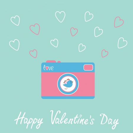 Photo camera with bird and hearts.  Happy Valentines Day card. Vector illustration.のイラスト素材