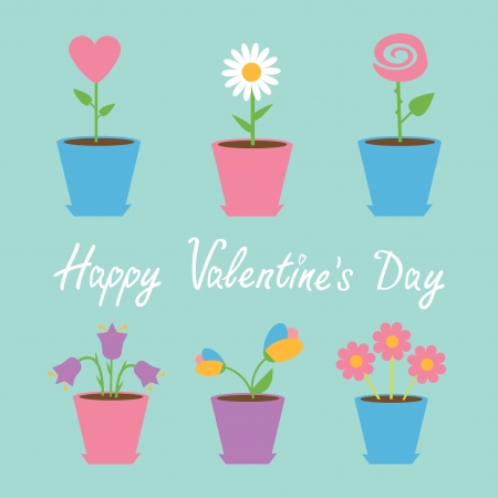 Set of six flowers in pots. Blue background. Happy Valentines day card. Vector illustration. のイラスト素材