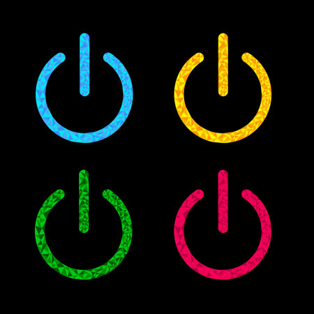 Power button icon set. Black background. Polygonal effect. Vector Illustration