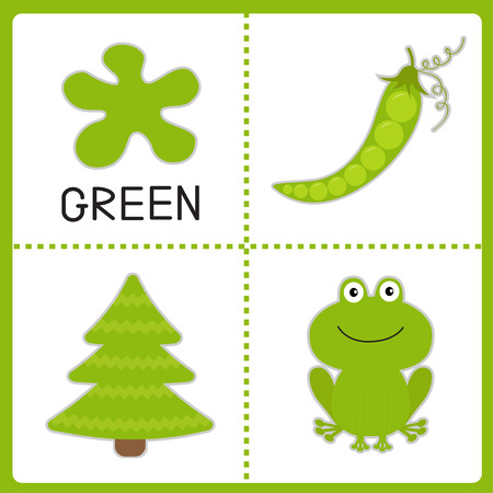 Learning  green color. Frog, green pea and fir tree. Educational cards for kids. Vector illustrationのイラスト素材