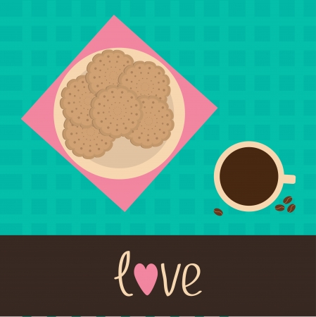 Biscuit cookie cracker on the plate and cup of coffee. Love card. Vector illustration.のイラスト素材
