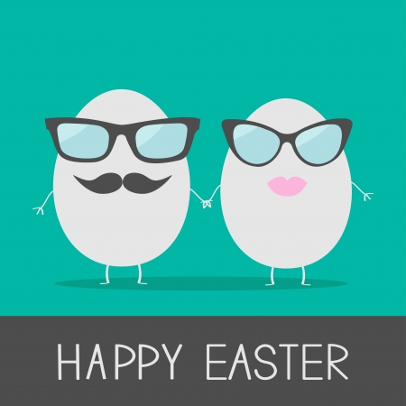 Egg easter couple with lips, mustaches and eyeglasses. Cute and funny card. Vector illustration.のイラスト素材