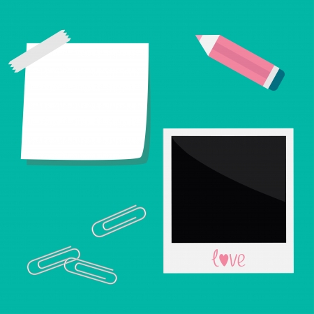Instant photo, sticker  with  tape, paperclips and pencil in flat design style. Love card.
Vector illustration.
のイラスト素材