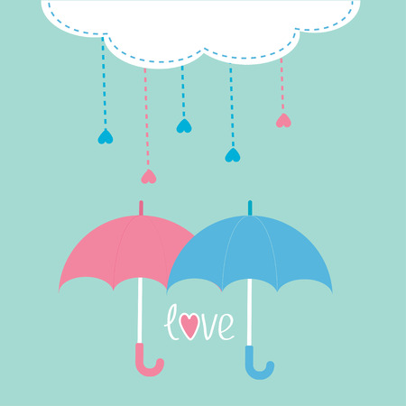 Cloud with hanging rain drops and two umbrellas. Card. のイラスト素材
