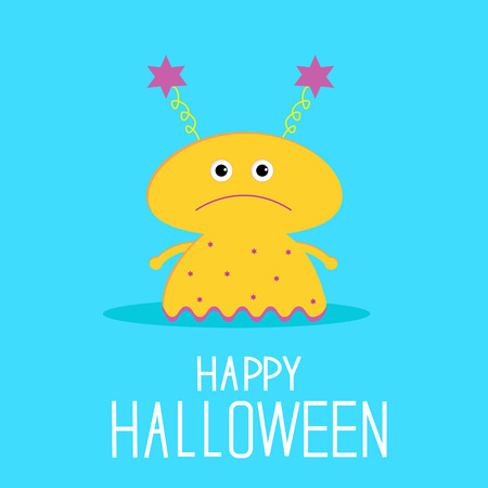 Cute cartoon yellow monster girl. Happy Halloween card. Vector illustration. のイラスト素材