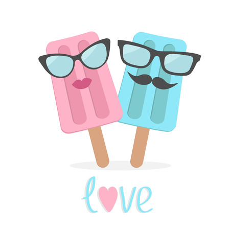 Ice cream couple with lips, mustaches and eyeglasses. Love card. Vector illustration.のイラスト素材