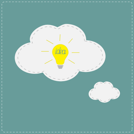 Yellow  idea light bulb in speech and thought bubble cloud. Flat design. Vector illustration.のイラスト素材