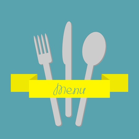 Fork, spoon and knife inside yellow ribbon. Menu. Flat design style.のイラスト素材