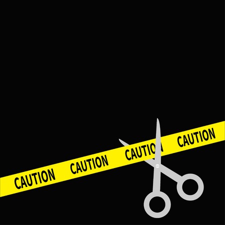 Scissors cut caution ribbon on the right. Flat design style. Vector illustrationのイラスト素材