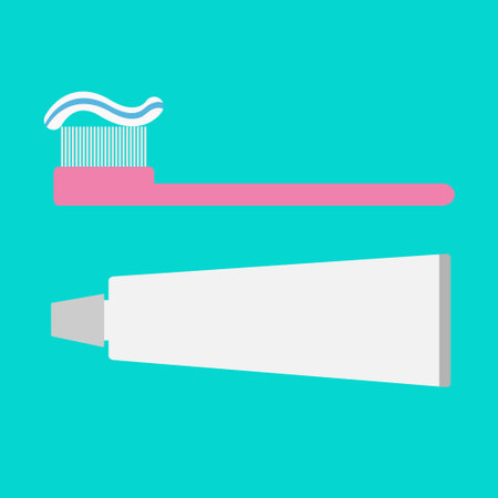 Pink toothbrush and toothpaste tube. Flat design style. Vector illustration