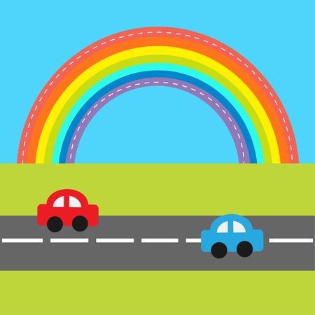 Background with rainbow, road and cartoon cars. Vector illustrationのイラスト素材