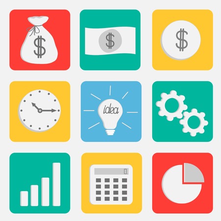 Business icon set flat design style. Dollar, money bag, idea light bulb, clock, wheel, calculator, coin. Vector illustrationのイラスト素材