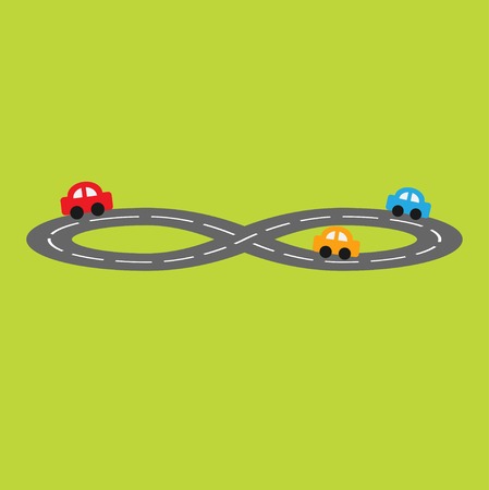 Road in shape of infinity sign and cartoon carsのイラスト素材