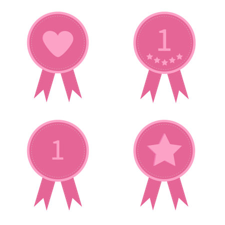 Badge set with heart star number one and ribbons  Award icon in flat design style  Dash line  Vector illustrationのイラスト素材