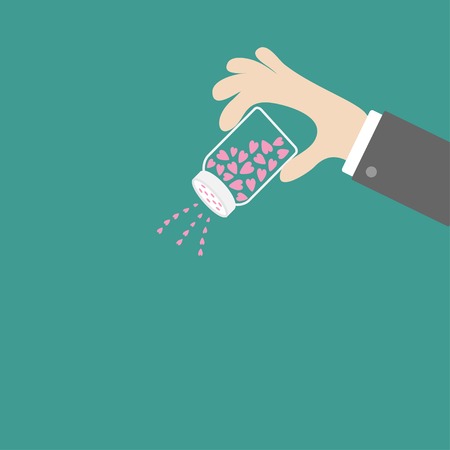 Hand and salt shaker with hearts inside  Vector illustrationのイラスト素材
