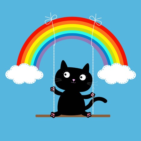 Rainbow two clouds in the sky and cat on the  swing  Dash line  Love card  Vector illustrationのイラスト素材