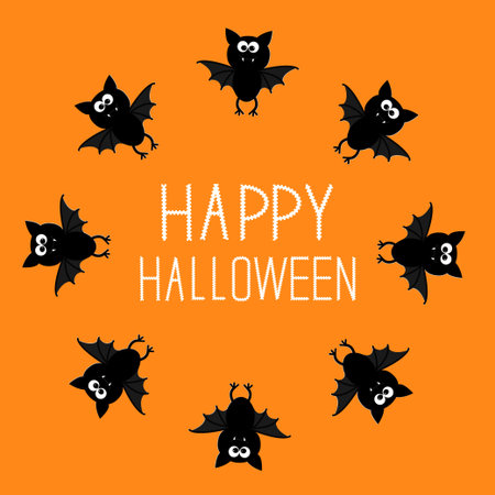 Cute bat round frame. Happy Halloween card. Orange background. Vector illustration