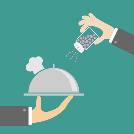 Two hands with silver platter cloche chef hat and salt shacker. Flat design. Vector illustrationのイラスト素材