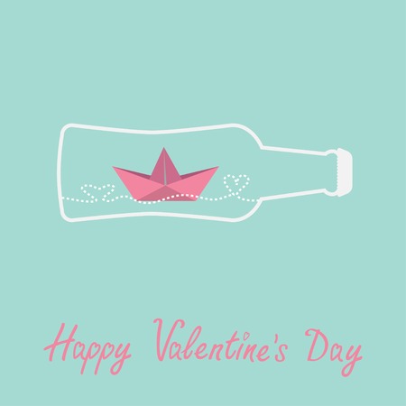 Origami paper boat and heart wave inside beer bottle. Valentines day card. Vector illustrationのイラスト素材