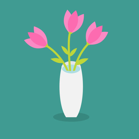 Bouquet of pink tulip flowers in a vase. Flat design. Vector illustrationのイラスト素材