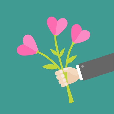 Businessman hand holding bouquet of heart flowers. Flat design. Vector illustrationのイラスト素材