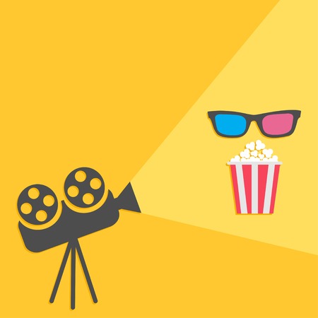 Cinema projector with light and popcorn and 3D glasses.  Flat design. Vector illustrationのイラスト素材