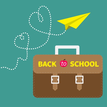 Schoolbag briefcase and yellow paperplane dash line hearts  Flat design style  Vector illustrationのイラスト素材