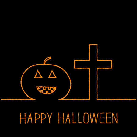 Contour pumpkin and cross. Happy Halloween card. Black background. Flat design. Vector illustrationのイラスト素材
