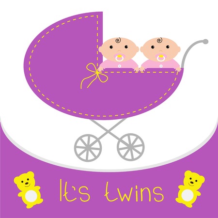 Baby carriage. It's twins girls. Shower card. Flat design. Vector illustrationのイラスト素材