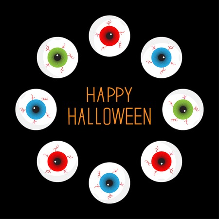 Eyeballs with bloody streaks. Round frame on black. Happy Halloween card. Flat design. Vector illustrationのイラスト素材