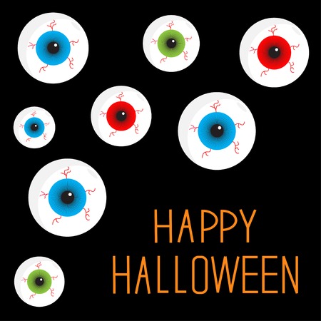 Eyeball set with bloody streaks. Black background. Happy Halloween card. Flat design style. Vector illustrationのイラスト素材