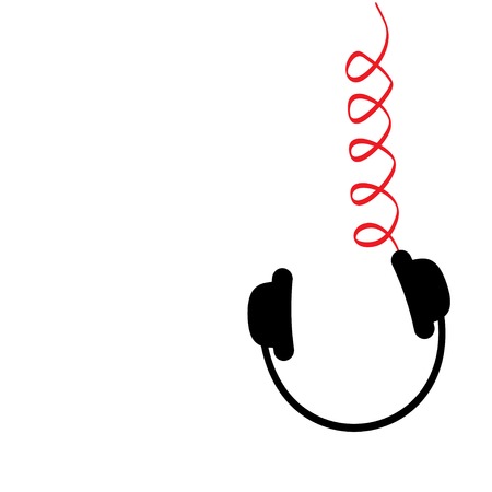 Hanging black headphones with red spring cord. Music card. Flat design. Vector illustrationのイラスト素材