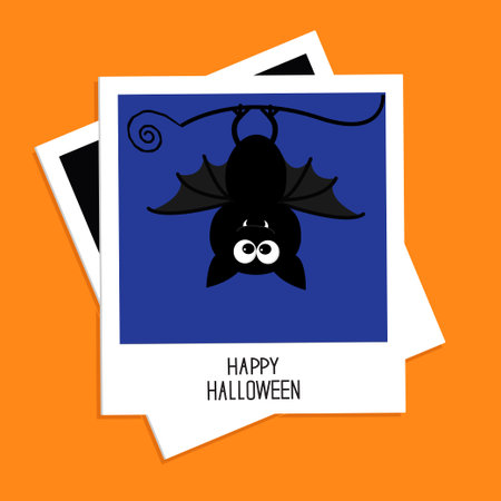 Instant photo with bat on blue background. Happy Halloween card. Flat design. Vector illustration