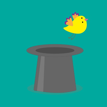 Magic black hat with yellow flying bird. Flat design style. Vector illustrationのイラスト素材