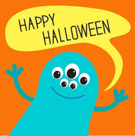 Cute blue monster with speech text bubble. Happy Halloween card. Flat design. Vector illustrationのイラスト素材