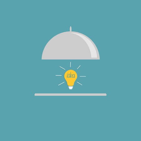 Silver platter cloche and yellow idea light bulb. Flat design style. Vector illustrationのイラスト素材