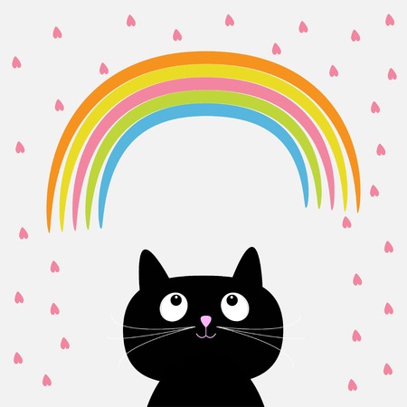 Rainbow and pink heart rain with cute cartoon cat. Flat design style. Vector illustrationのイラスト素材