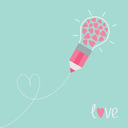 Pencil with light bulb and hearts. Dash line heart. Flat design love card. Vector illustrationのイラスト素材