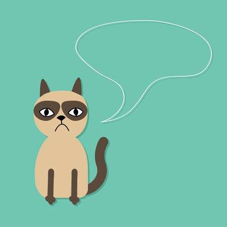 Cute sad grumpy siamese cat and speech bubble in flat design style. Vector illustrationのイラスト素材
